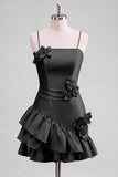Light Blue A Line Spaghetti Straps Ruffled Satin Homecoming Dress with 3D Flowers