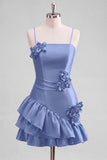 Light Blue A Line Spaghetti Straps Ruffled Satin Homecoming Dress with 3D Flowers