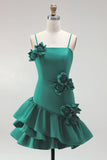 Light Blue A Line Spaghetti Straps Ruffled Satin Homecoming Dress with 3D Flowers