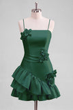 Light Blue A Line Spaghetti Straps Ruffled Satin Homecoming Dress with 3D Flowers