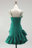 Light Blue A Line Spaghetti Straps Ruffled Satin Homecoming Dress with 3D Flowers