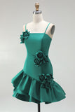 Light Blue A Line Spaghetti Straps Ruffled Satin Homecoming Dress with 3D Flowers