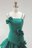 Light Blue A Line Spaghetti Straps Ruffled Satin Homecoming Dress with 3D Flowers