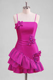 Light Blue A Line Spaghetti Straps Ruffled Satin Homecoming Dress with 3D Flowers