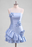 Light Blue A Line Spaghetti Straps Ruffled Satin Homecoming Dress with 3D Flowers