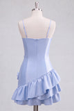 Light Blue A Line Spaghetti Straps Ruffled Satin Homecoming Dress with 3D Flowers