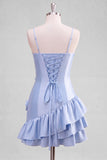Light Blue A Line Spaghetti Straps Ruffled Satin Homecoming Dress with 3D Flowers