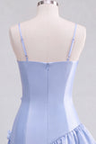 Light Blue A Line Spaghetti Straps Ruffled Satin Homecoming Dress with 3D Flowers