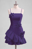 Light Blue A Line Spaghetti Straps Ruffled Satin Homecoming Dress with 3D Flowers