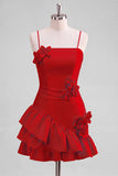 Light Blue A Line Spaghetti Straps Ruffled Satin Homecoming Dress with 3D Flowers