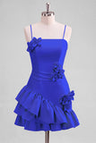 Light Blue A Line Spaghetti Straps Ruffled Satin Homecoming Dress with 3D Flowers