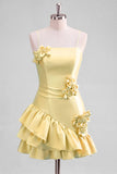 Light Blue A Line Spaghetti Straps Ruffled Satin Homecoming Dress with 3D Flowers