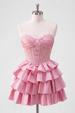 Sweetheart Pink A Line Tiered Corset Homecoming Dress with Lace-up Back