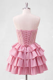 Sweetheart Pink A Line Tiered Corset Homecoming Dress with Lace-up Back