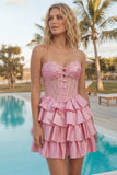 Sweetheart Pink A Line Tiered Corset Homecoming Dress with Lace-up Back