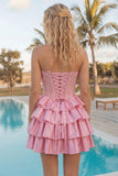 Sweetheart Pink A Line Tiered Corset Homecoming Dress with Lace-up Back
