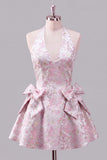 Halter A Line Pink Bow Jacquard Homecoming Dress with Lace-up Back