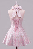 Halter A Line Pink Bow Jacquard Homecoming Dress with Lace-up Back