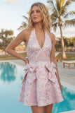 Halter A Line Pink Bow Jacquard Homecoming Dress with Lace-up Back