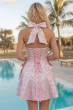 Halter A Line Pink Bow Jacquard Homecoming Dress with Lace-up Back