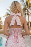 Halter A Line Pink Bow Jacquard Homecoming Dress with Lace-up Back