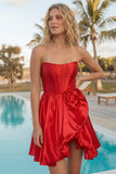 Corset A Line Strapless Red Homecoming Dress with Flower