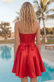 Corset A Line Strapless Red Homecoming Dress with Flower