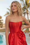Corset A Line Strapless Red Homecoming Dress with Flower