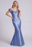 Off the Shoulder Blue Mermaid Satin Formal Dress with 3D Flowers