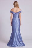 Off the Shoulder Blue Mermaid Satin Formal Dress with 3D Flowers