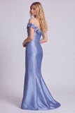 Off the Shoulder Blue Mermaid Satin Formal Dress with 3D Flowers