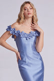 Off the Shoulder Blue Mermaid Satin Formal Dress with 3D Flowers