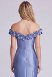 Off the Shoulder Blue Mermaid Satin Formal Dress with 3D Flowers