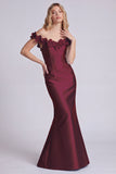 Off the Shoulder Blue Mermaid Satin Formal Dress with 3D Flowers