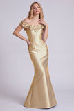 Off the Shoulder Blue Mermaid Satin Formal Dress with 3D Flowers