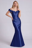 Off the Shoulder Blue Mermaid Satin Formal Dress with 3D Flowers