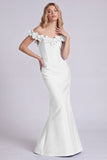 Off the Shoulder Blue Mermaid Satin Formal Dress with 3D Flowers