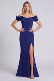 Navy Mermaid Off the Shoulder Formal Dress with Slit
