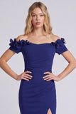 Navy Mermaid Off the Shoulder Formal Dress with Slit