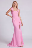 Pink Mermaid Square Neck 3D Flowers Formal Dress with Slit