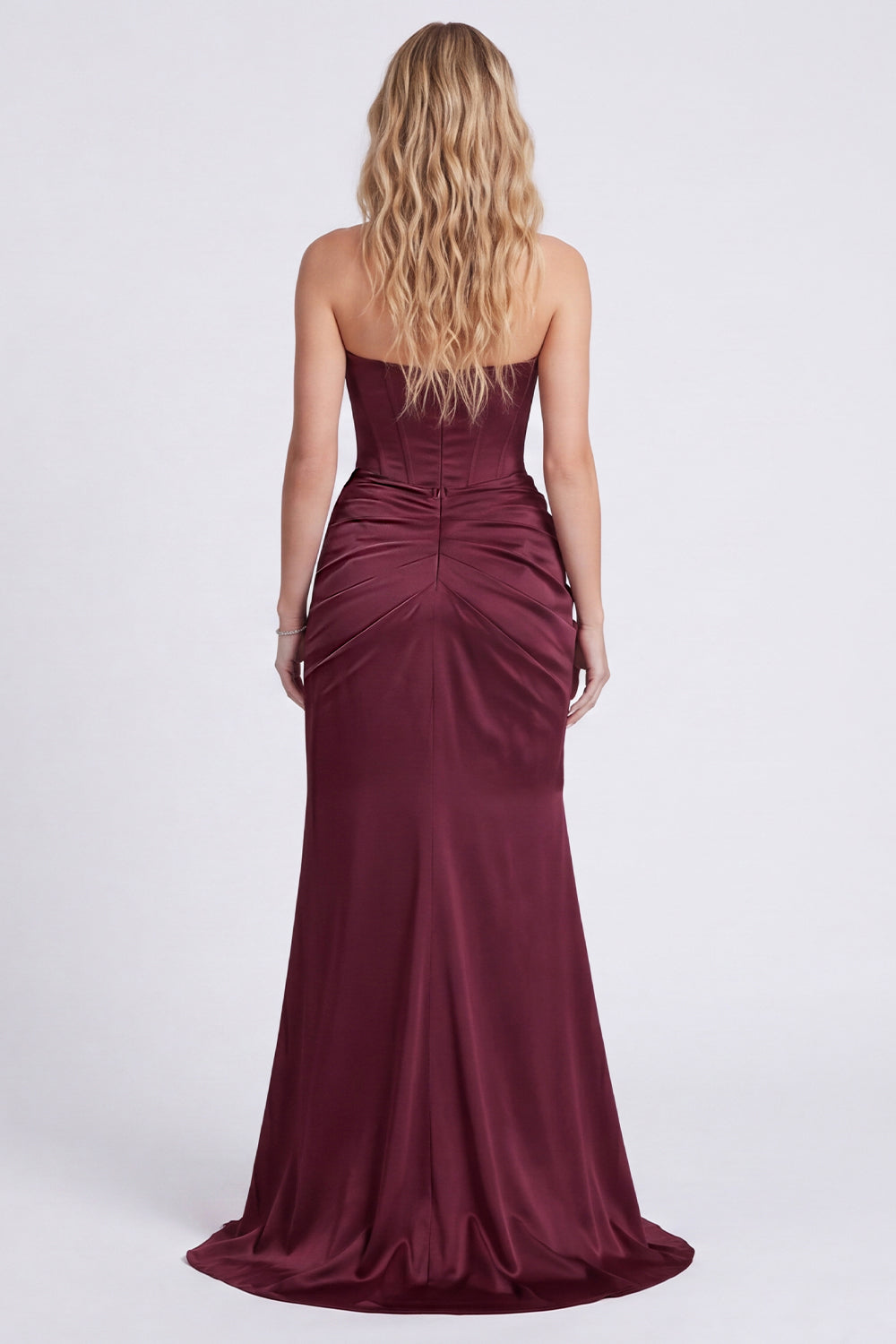 Wedtrend Women Burgundy Mermaid Formal Dress Strapless Corset Ruched Evening Dress with Slit, Burgundy / US16