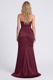 Burgundy Strapless Mermaid Ruched Corset Formal Dress with Slit