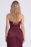 Burgundy Strapless Mermaid Ruched Corset Formal Dress with Slit