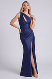 Sage One Shoulder Cut Out Ruched Mermaid Formal Dress with Slit