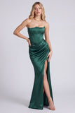 Dark Green Strapless Mermaid Corset Satin Formal Dress with Slit