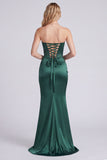 Dark Green Strapless Mermaid Corset Satin Formal Dress with Slit