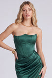Dark Green Strapless Mermaid Corset Satin Formal Dress with Slit