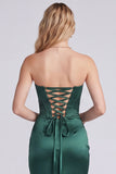 Dark Green Strapless Mermaid Corset Satin Formal Dress with Slit