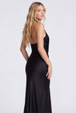 Halter Mermaid Black Ruched Satin Formal Dress