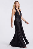 Halter Mermaid Black Ruched Satin Formal Dress